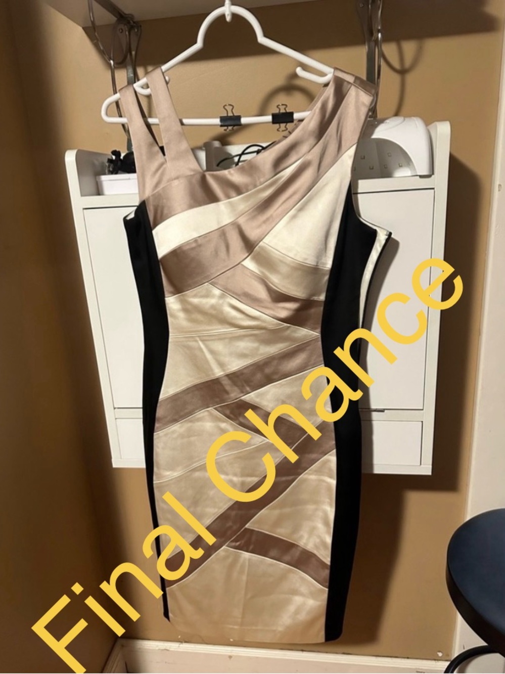 JAX Color Block Split Shoulder Midi Sheath Formal Dress Black Beige Cream Sz 10